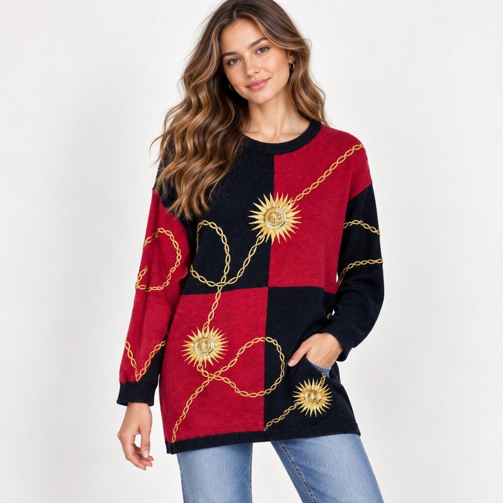 Vintage Maggie Lawrence Sweater Women's Size 14/16 Colorblock Gold Sunburst Boho